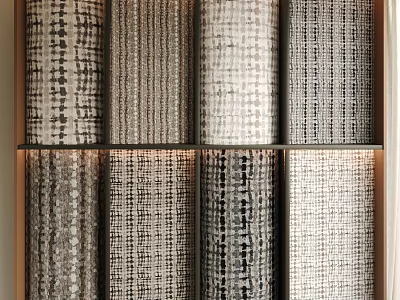 Various Textured Fabric Samples With Different Patterns Displayed On Shelf For Home Decor 3d model