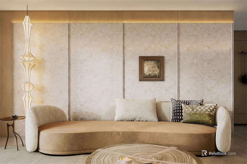 Beige Curved Sofa Set With Decorative Pillows Round Woven Coffee Table And Floor Lamp 3d model 