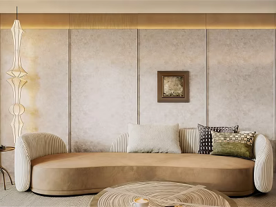 Beige Curved Sofa Set With Decorative Pillows Round Woven Coffee Table And Floor Lamp 3d model