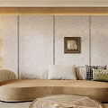 Beige Curved Sofa Set With Decorative Pillows Round Woven Coffee Table And Floor Lamp