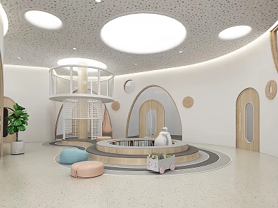 Bright Modern Kindergarten Interior With Round Windows And Colorful Play Seats 3d model