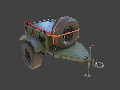 Green Utility Trailer With Spare Tire Red Straps Wheels And Hitch 3d model
