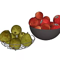 Fresh Green Pears in Metal Basket and Red Apples in Dark Bowl