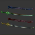 Colorful Samurai Swords with Decorative Hilts and Striped Blades on Black Background 3d model