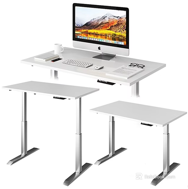 Modern White Office Desk with Computer Monitor Keyboard Mouse Cup Notebook and Metal Adjustable Legs 3d model 