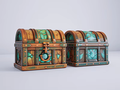 Decorative Vintage Style Treasure Chests With Carved Details Green Accents And Brass Locks 3d model
