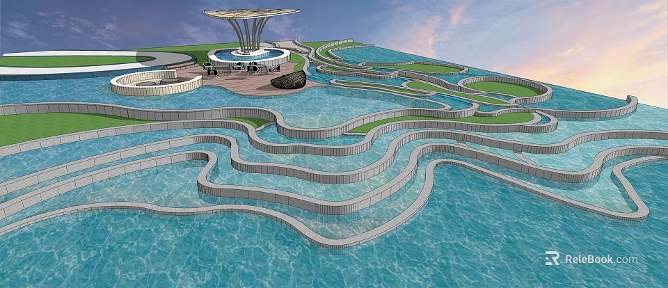 Scenic Park Landscape With Winding Water Channels Curved Walkways And Modern Pavilion 3d model 