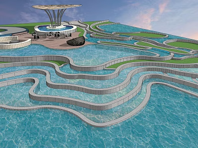 Scenic Park Landscape With Winding Water Channels Curved Walkways And Modern Pavilion 3d model