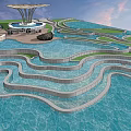 Scenic Park Landscape With Winding Water Channels Curved Walkways And Modern Pavilion