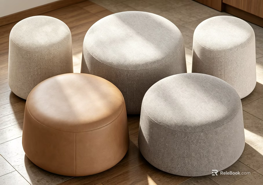 Round Fabric And Leather Stools In Various Colors For Living Room Wooden Floor 3d model 