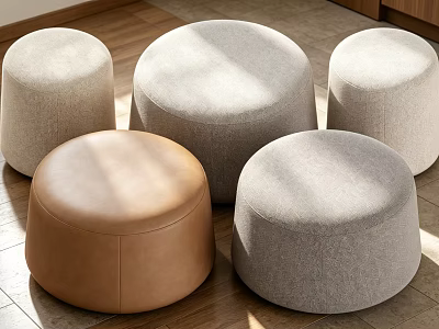 Round Fabric And Leather Stools In Various Colors For Living Room Wooden Floor 3d model