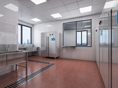 Commercial Kitchen Interior With Stainless Steel Appliances Tiled Walls Windows And Red Floor Tiles 3d model
