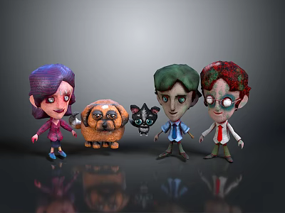 Colorful Cartoon Characters 3D Models With Purple Green Red Hairstyles And Animal Figures 3d model