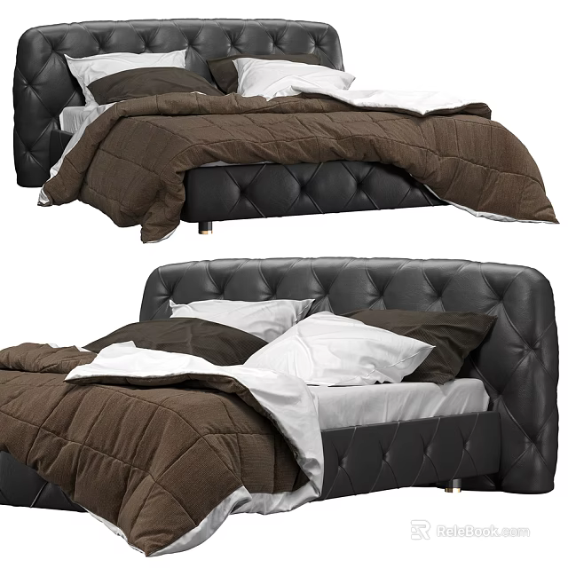 Luxurious Double Bed With Tufted Black Leather Headboard And Brown Bedding 3d model
