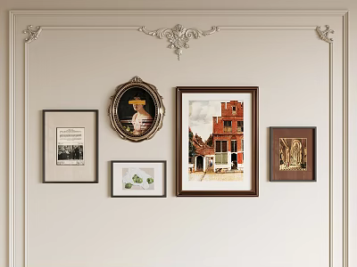 Ornate Wall Decor With Framed Artworks Oval Mirror And Decorative Moldings 3d model