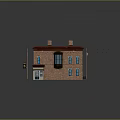 Brick Building Red Roof Two Chimneys Blue Windows Porch Traffic Light Stop Sign Ground Reflection