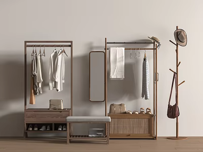 Wooden Clothes Rack With Hanging Clothes Mirror Bench Shoes And Bag 3d model