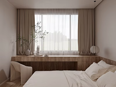 Modern Bedroom Interior Design With Large Window Beige Curtains Wooden Desk And White Bedding 3d model