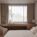 Modern Bedroom Interior Design With Large Window Beige Curtains Wooden Desk And White Bedding
