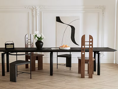 Modern Black Dining Table Set With Mixed Chairs Vase Flowers Fruit Plate And Wall Art 3d model