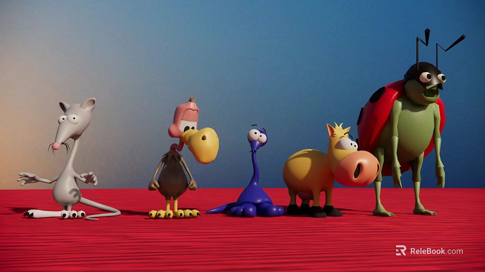 Colorful Cartoon Animal Landscape Sculptures On Red Ground With Blue Sky Background 3d model 