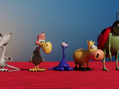 Colorful Cartoon Animal Landscape Sculptures On Red Ground With Blue Sky Background 3d model