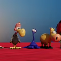 Colorful Cartoon Animal Landscape Sculptures On Red Ground With Blue Sky Background