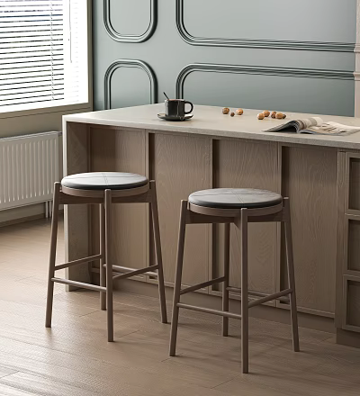 Modern Wooden Bar Stools With Black Seats At Kitchen Counter With Coffee Cup And Snacks 3d model