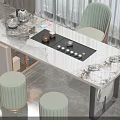 Modern Tea Table and Chairs with Marble Top Light Green Seating and Tea Set 3d model