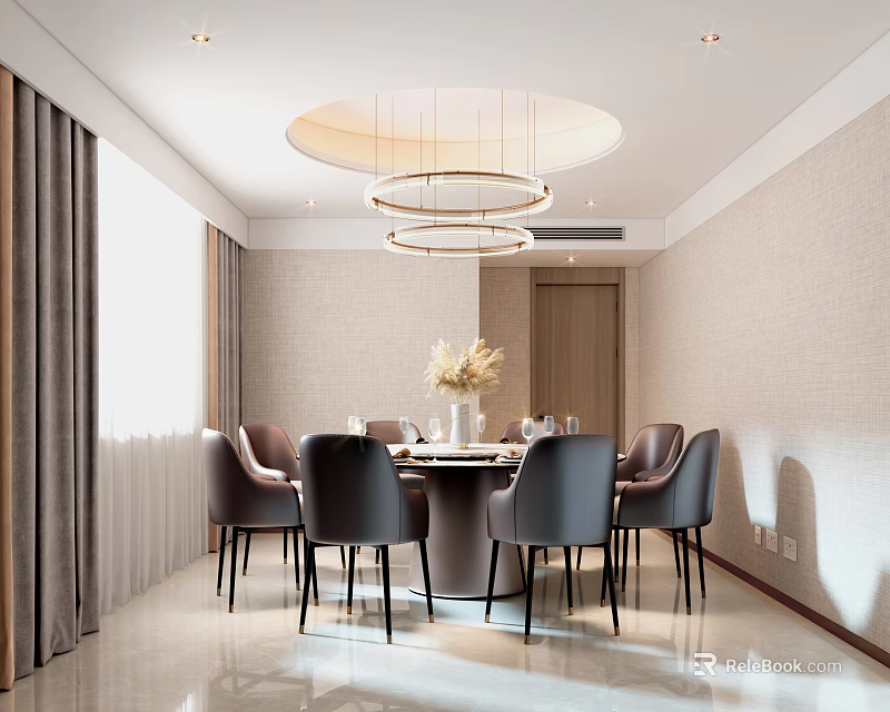 Modern Private Dining Room Interior With Round Table And Chandelier 3d model