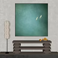 Green Artwork With Two Birds Floor Lamp And Wooden Table With Yellow Fruits