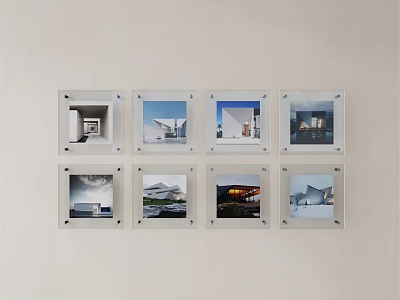 Photo Wall With Eight Frames Showing Different Architectural Photos On Wall 3d model