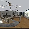 Modern Living And Dining Room Interior With Sofa Coffee Table Open Kitchen And Chandelier