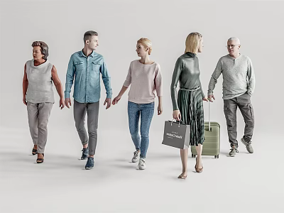 Group of People Walking Together Holding Hands with Shopping Bag and Suitcase 3d model