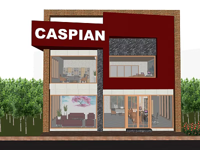 Caspian Building With Red Brick Exterior And Interior Spaces Featuring Sofa Tables And Green Plants 3d model