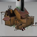 Wooden Cabin Building With Red Roof Stairs Tall Tower Lifebuoy Grass And Decorations