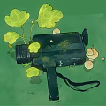 Vintage Black Digital Camera With Green Leaves And Round Fruits On Green Background