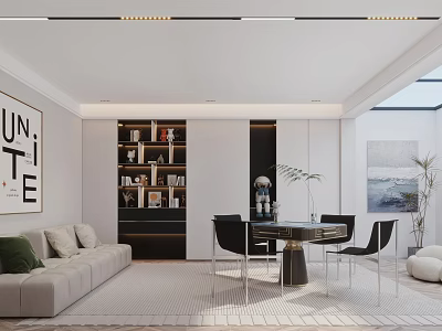 Modern Entertainment Room Interior With Sofa Bookshelf Dining Table Chairs And Artwork 3d model