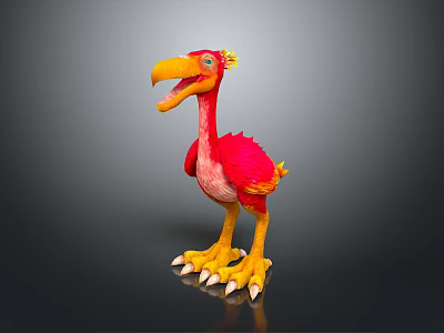 3D Cartoon Bird With Red Yellow Feathers Large Orange Beak And Yellow Sharp Claws 3d model