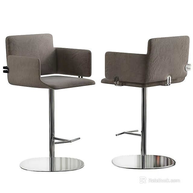 Two Gray Upholstered Bar Stools With Armrests And Metal Swivel Bases 3d model 