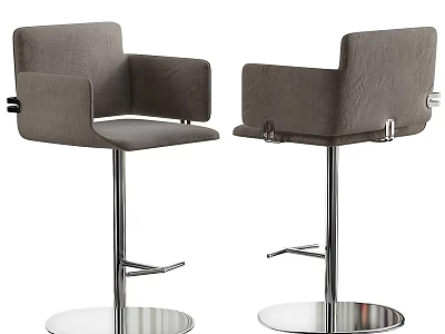 Two Gray Upholstered Bar Stools With Armrests And Metal Swivel Bases 3d model