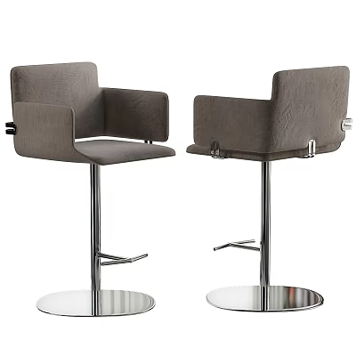 Two Gray Upholstered Bar Stools With Armrests And Metal Swivel Bases 3d model