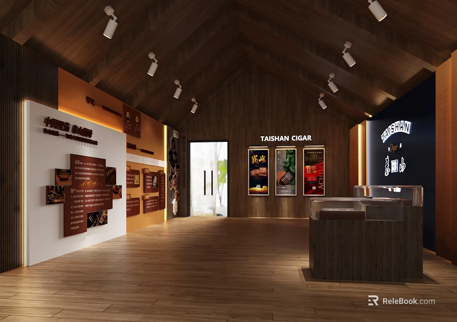 Modern TAKSHAN CIGAR Showroom Interior With Wooden Elements Poster Bright Lighting Reception Counter 3d model 
