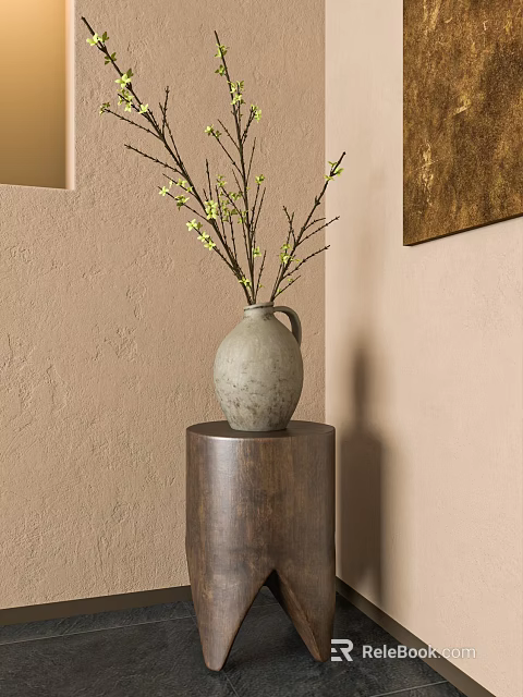 Ceramic Vase With Yellow Flowers On Brown Cylindrical Pedestal By Beige Wall And Golden Artwork 3d model 