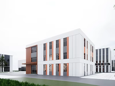 Modern Industrial Factory Building With White And Orange Exterior Multi story Structure And Large Windows 3d model