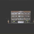 Cartoon Style Urban Scene With Red Tiled Roof Building Multiple Floors Shop Fronts Street Lamps And Traffic Lights
