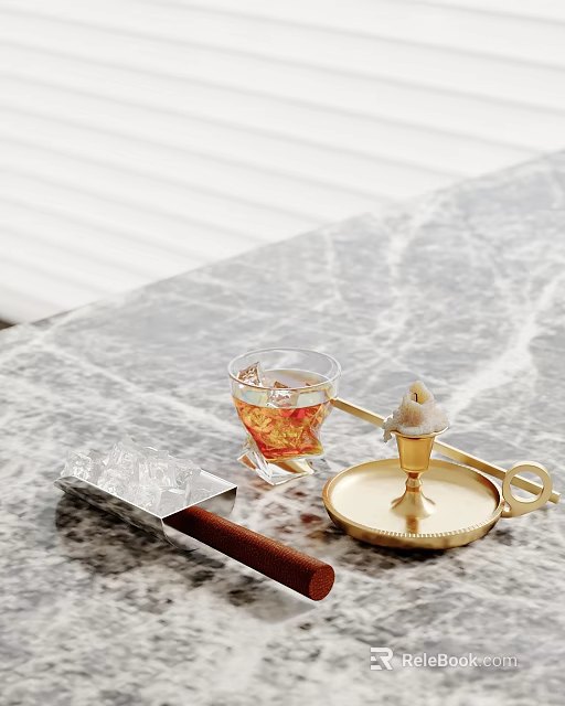 Decorative Ornaments Set With Golden Tray Glass Cup Metal Box And Cigar On Marble Tabletop 3d model 