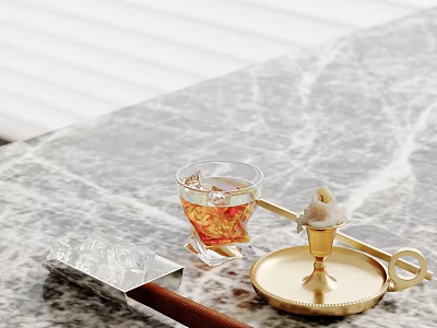 Decorative Ornaments Set With Golden Tray Glass Cup Metal Box And Cigar On Marble Tabletop 3d model