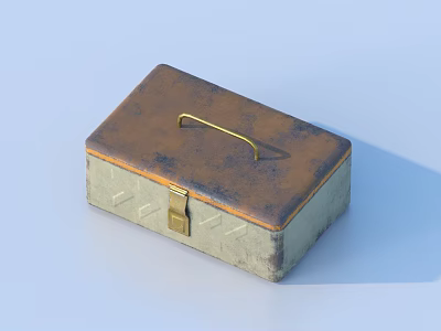 Vintage Metal Storage Box With Brown Lid Gray Sides Golden Handle And Lock 3d model