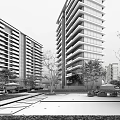 Modern High Rise Residential Building With Glass Curtain Walls Greenery And Outdoor Courtyard
